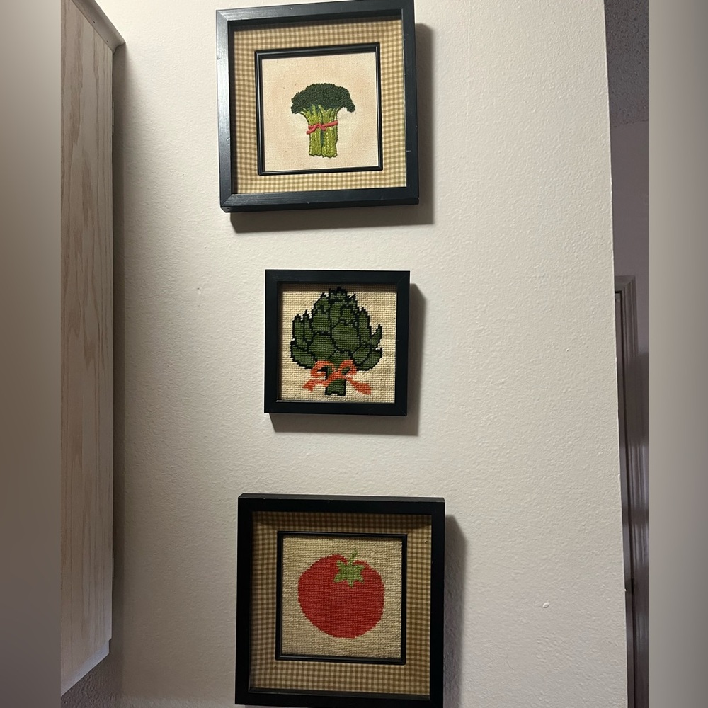 Vintage Framed Vegetable Cross-Stitch Art Set